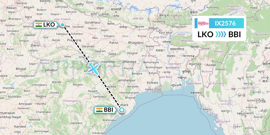 IX2576 Air India Express Flight Map: Lucknow to Bhubaneswar