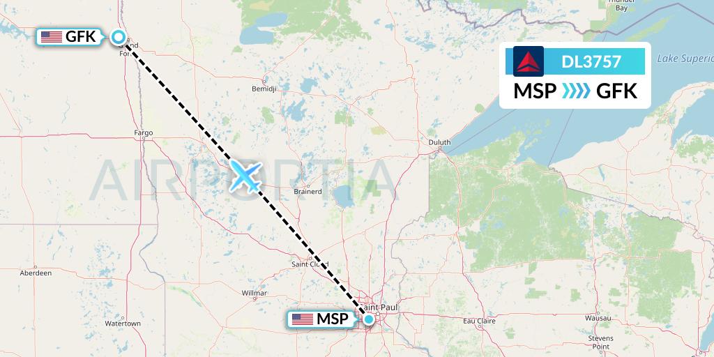 DL3757 Delta Air Lines Flight Map: Minneapolis to Grand Forks