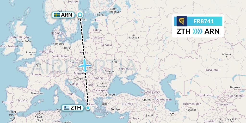 FR8741 Ryanair Flight Map: Zakynthos to Stockholm