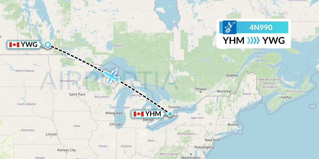 4N990 Air North Flight Map: Hamilton to Winnipeg