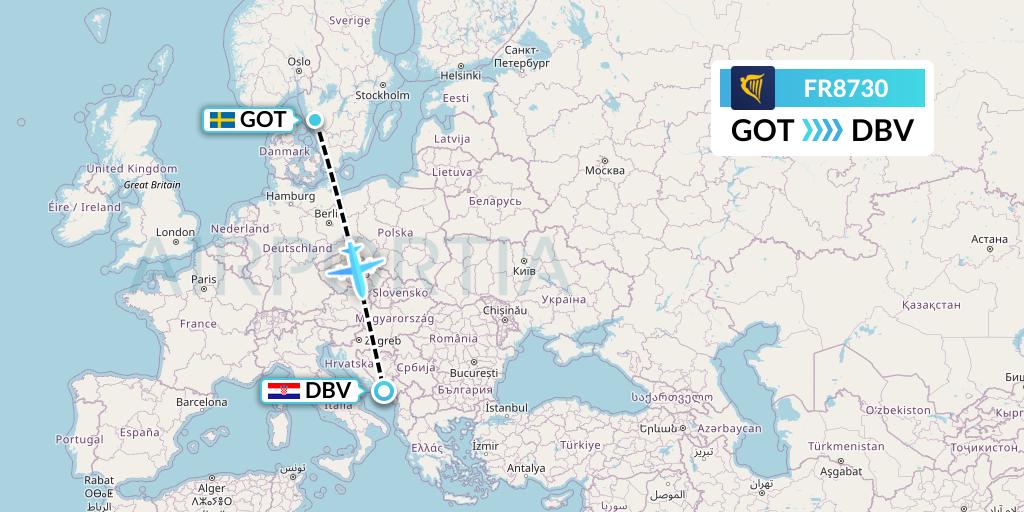 FR8730 Ryanair Flight Map: Gothenburg to Dubrovnik