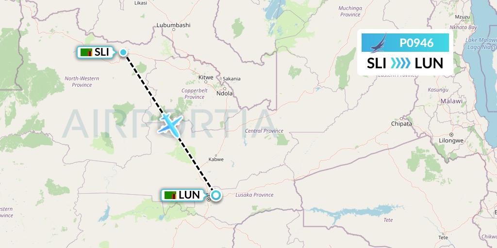 P0946 Proflight Air Services Flight Map: Solwesi to Lusaka