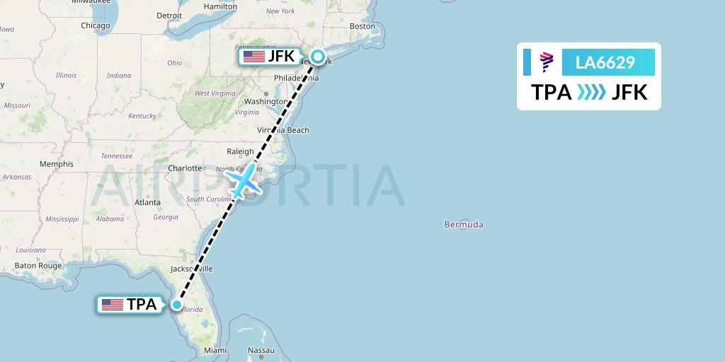 LA6629 LAN Airlines Flight Map: Tampa to New York