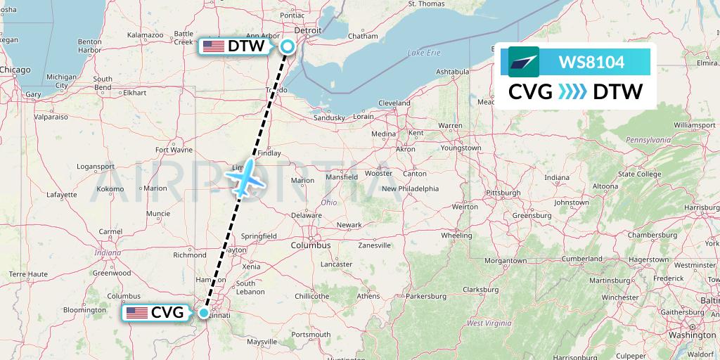 WS8104 WestJet Flight Map: Cincinnati to Detroit