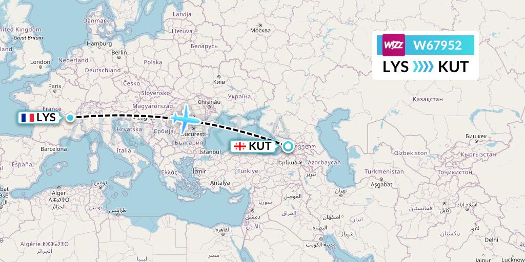 W67952 Wizz Air Flight Map: Lyon to Kutaisi