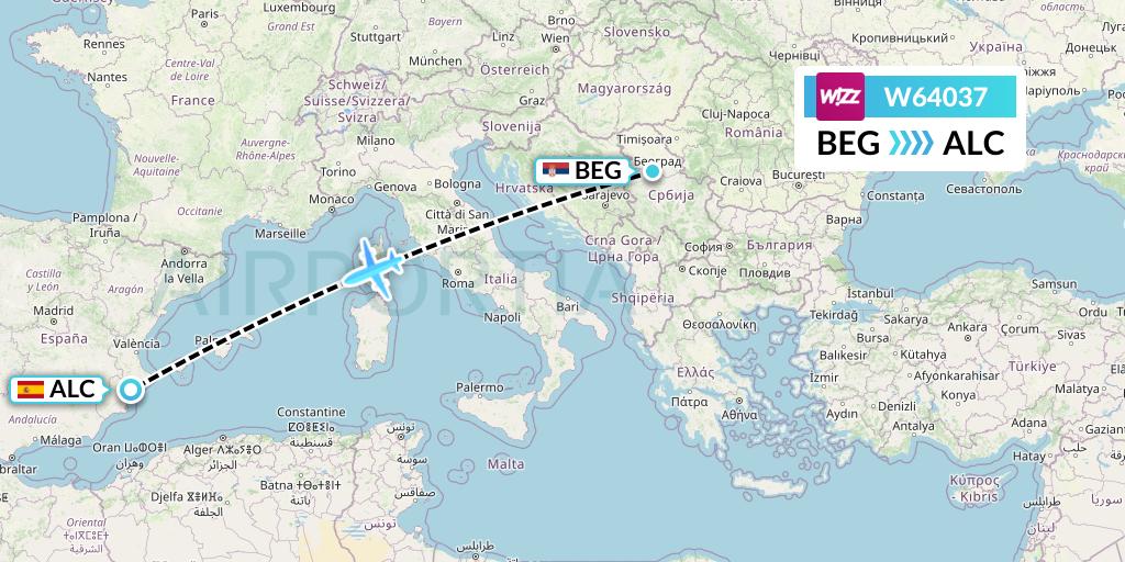 W64037 Wizz Air Flight Map: Belgrade to Alicante
