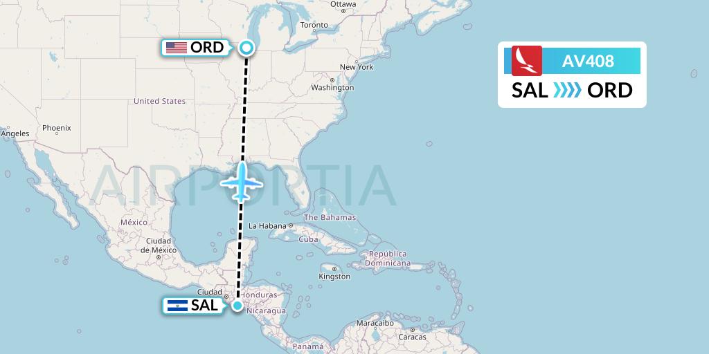 AV408 Avianca Flight Map: San Salvador to Chicago
