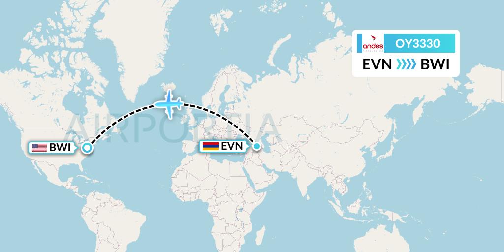 OY3330 Omni Air International Flight Map: Yerevan to Baltimore