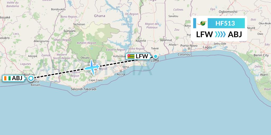 HF513 Air Cote d'Ivoire Flight Map: Lome to Abidjan
