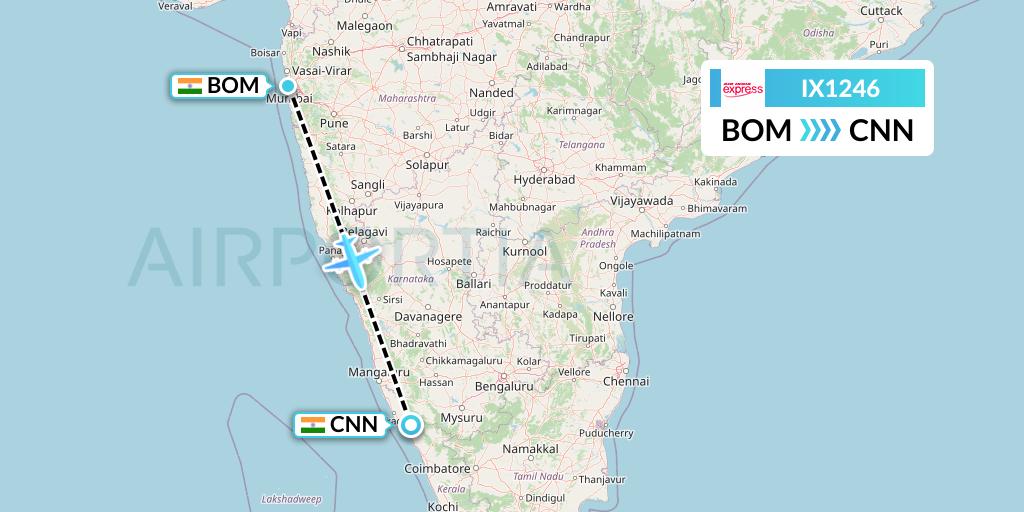IX1246 Air India Express Flight Map: Mumbai to Mattannur