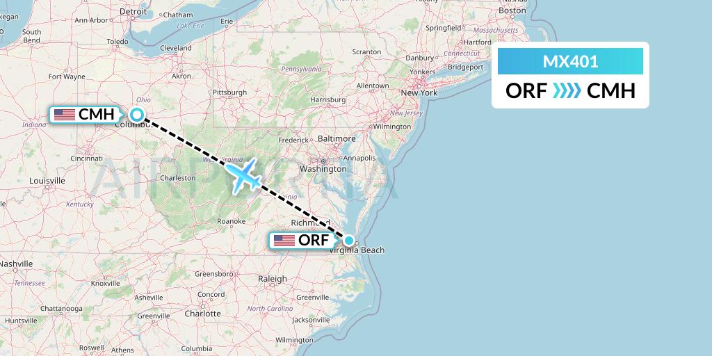 MX401 Breeze Airways Flight Map: Norfolk to Columbus