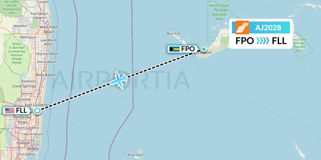 AJ2028 Aztec Airways Flight Map: Freeport to Fort Lauderdale