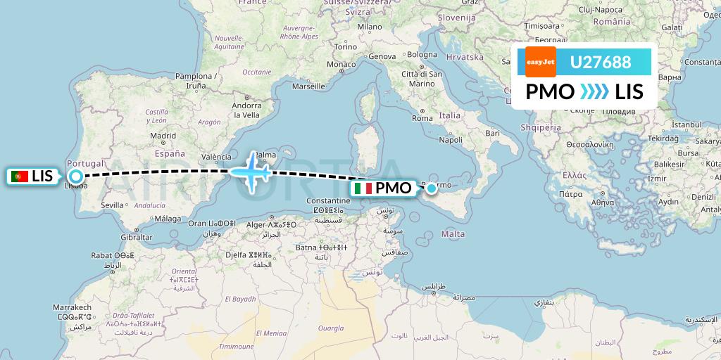 U27688 EasyJet Flight Map: Palermo to Lisbon