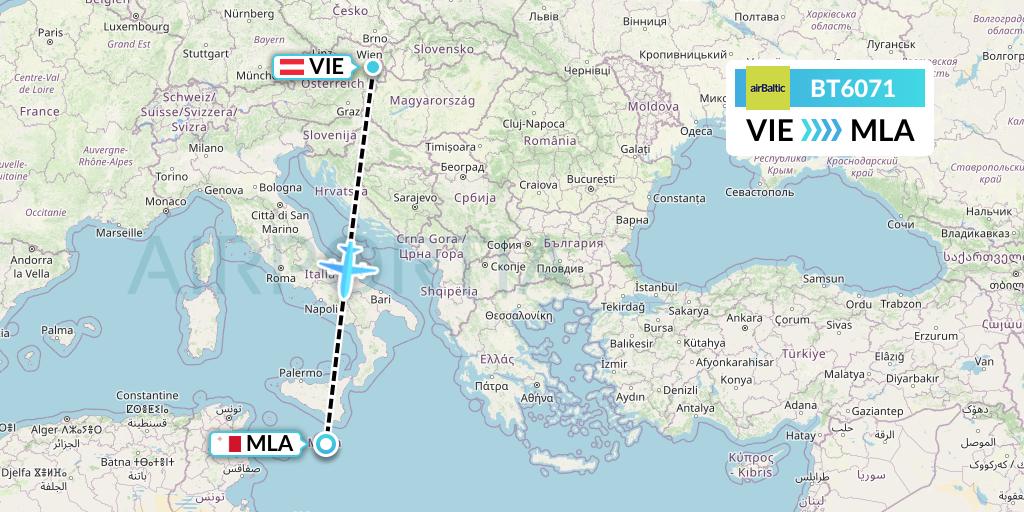 BT6071 Air Baltic Flight Map: Vienna to Malta