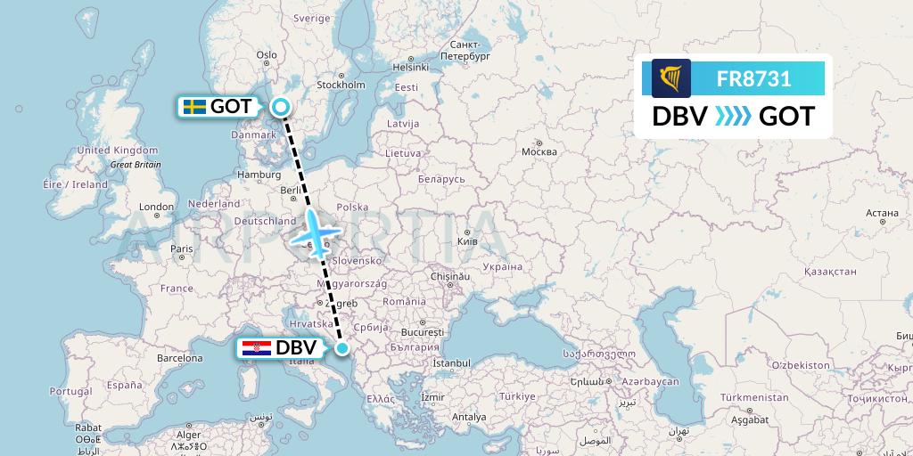 FR8731 Ryanair Flight Map: Dubrovnik to Gothenburg