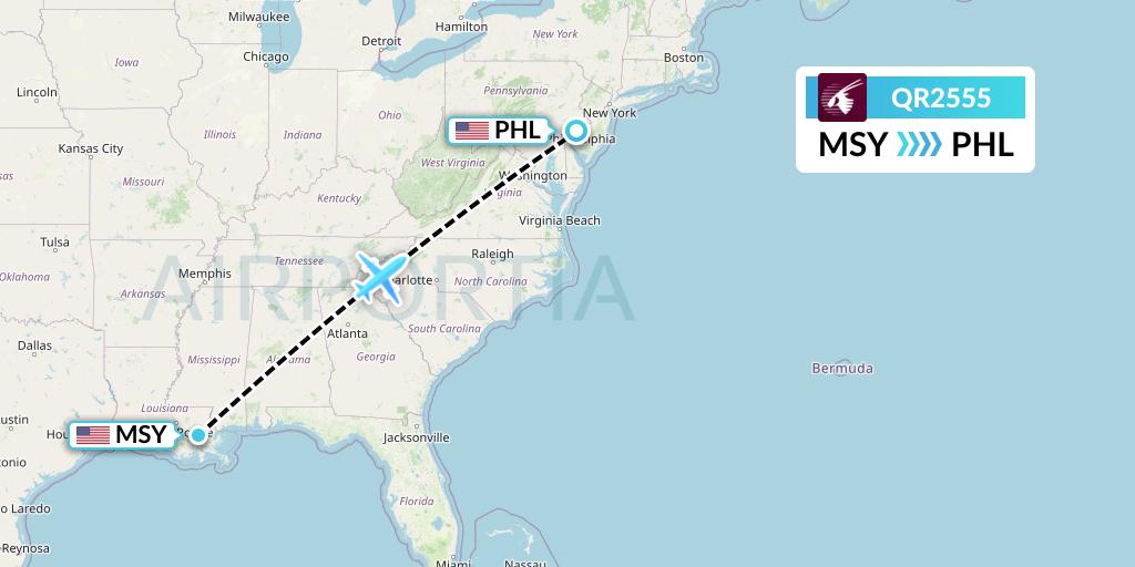 QR2555 Qatar Airways Flight Map: New Orleans to Philadelphia