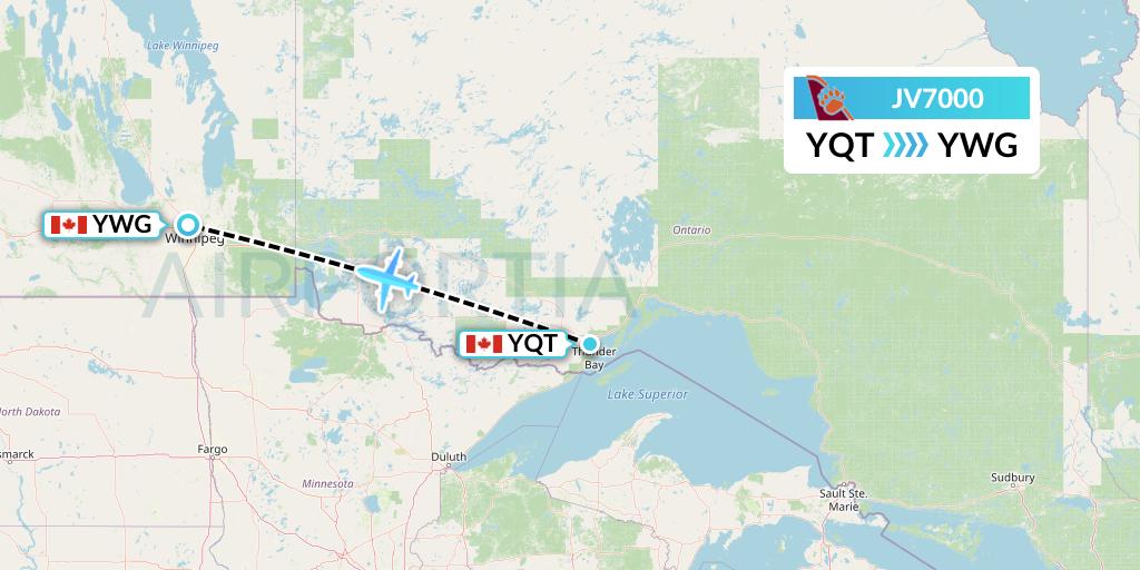 JV7000 Bearskin Airlines Flight Map: Thunder Bay to Winnipeg