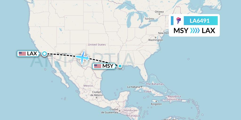 LA6491 LAN Airlines Flight Map: New Orleans to Los Angeles