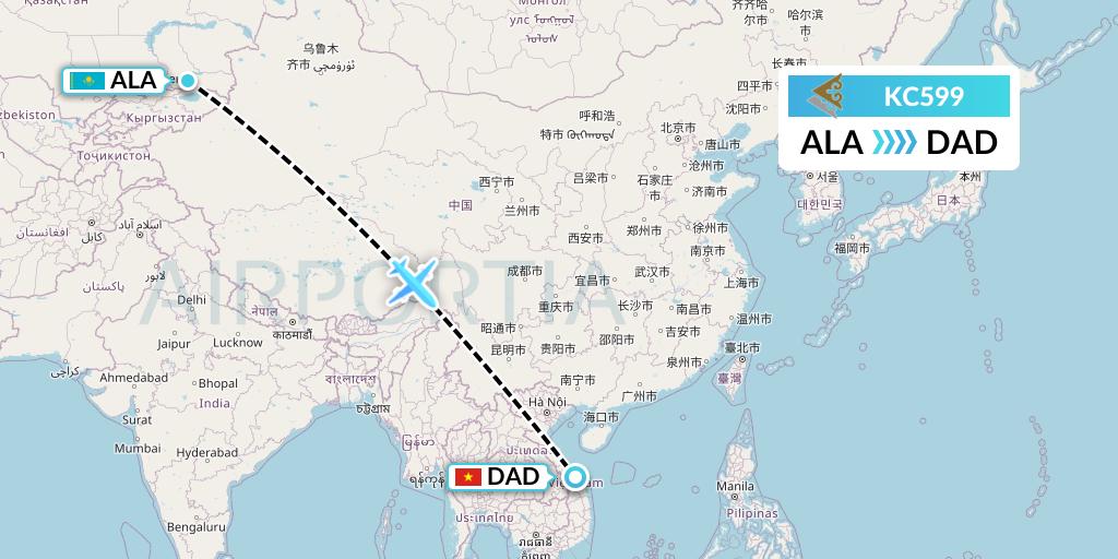 KC599 Air Astana Flight Map: Almaty to Da Nang