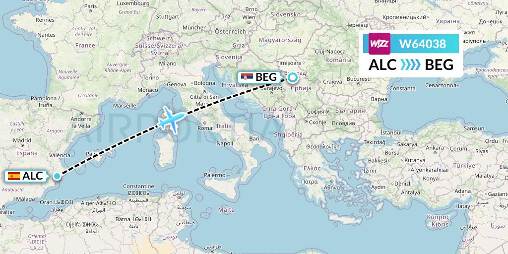 W64038 Wizz Air Flight Map: Alicante to Belgrade