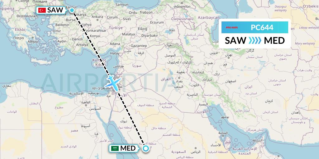 PC644 Pegasus Airlines Flight Map: Istanbul to Medina