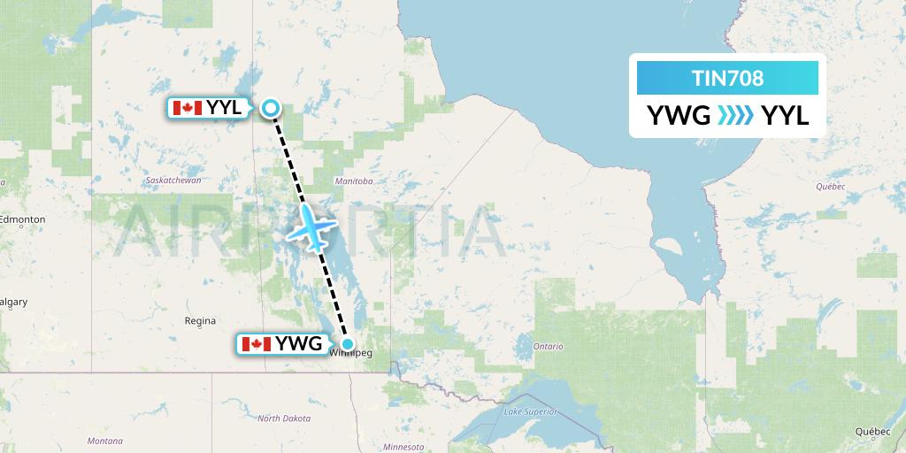 TIN708 Air Tindi Flight Map: Winnipeg to Lynn Lake
