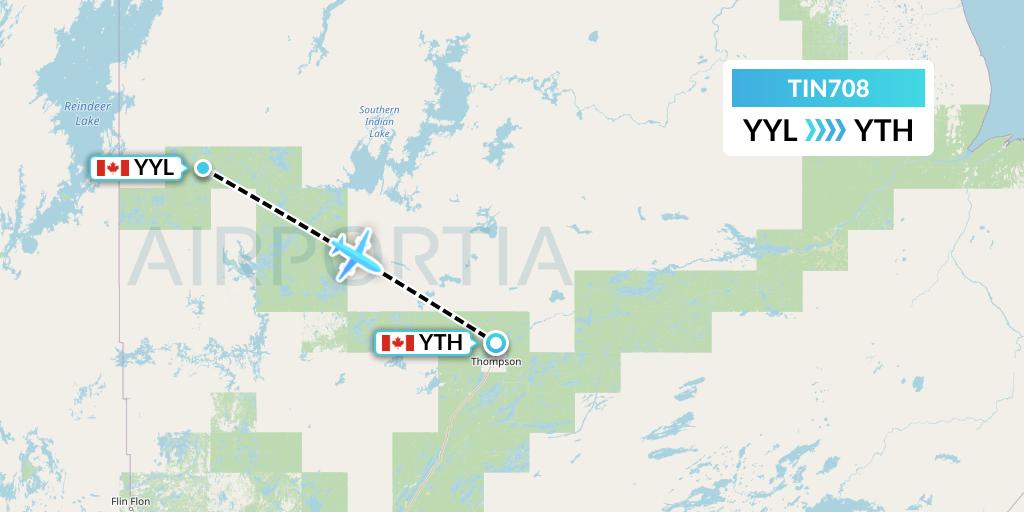 TIN708 Air Tindi Flight Map: Lynn Lake to Thompson