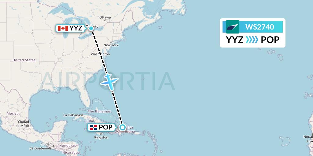 WS2740 WestJet Flight Map: Toronto to Puerto Plata