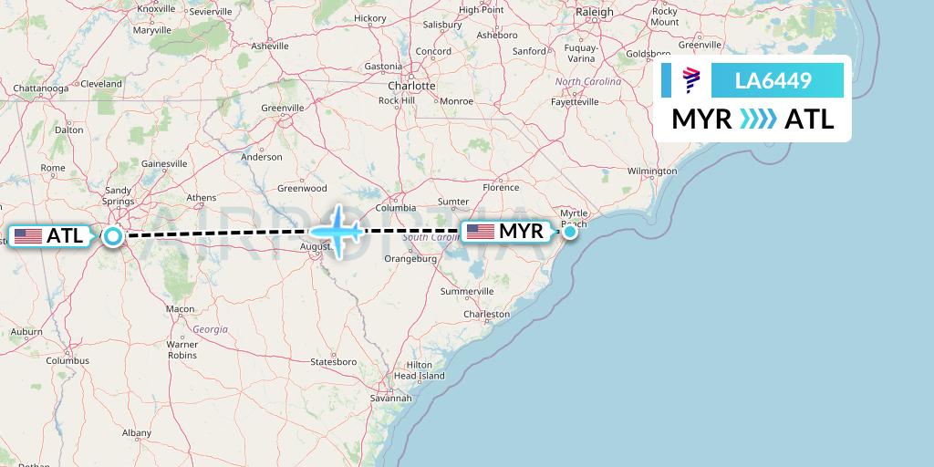 LA6449 LAN Airlines Flight Map: Myrtle Beach to Atlanta