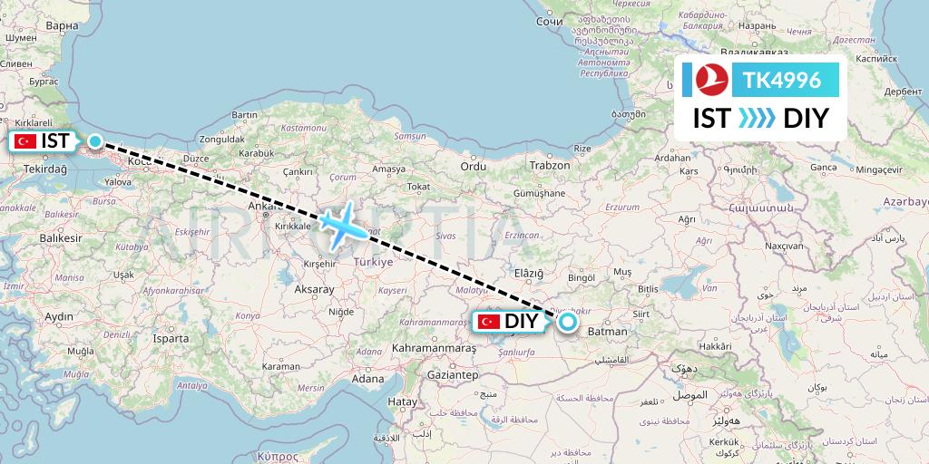 TK4996 Turkish Airlines Flight Map: Istanbul to Diyarbakir
