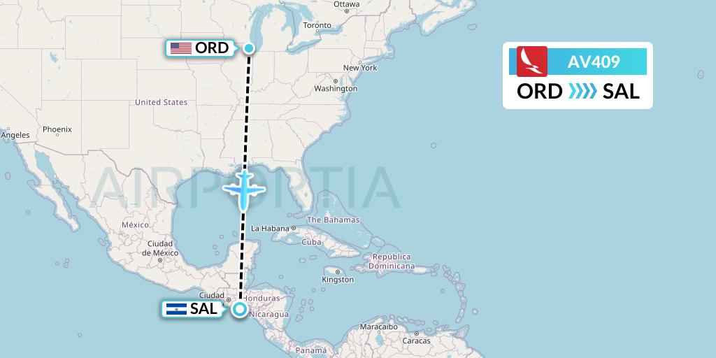 AV409 Avianca Flight Map: Chicago to San Salvador