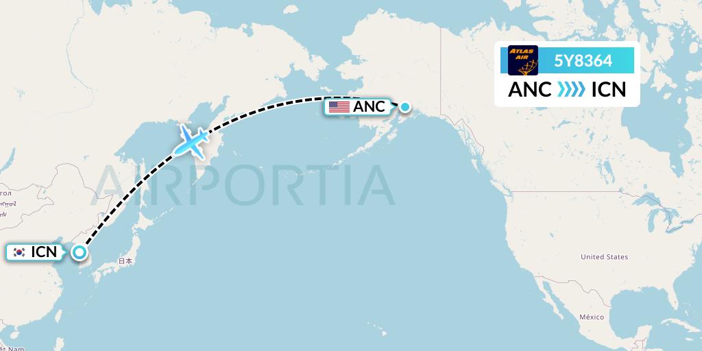 5Y8364 Atlas Air Flight Map: Anchorage to Seoul