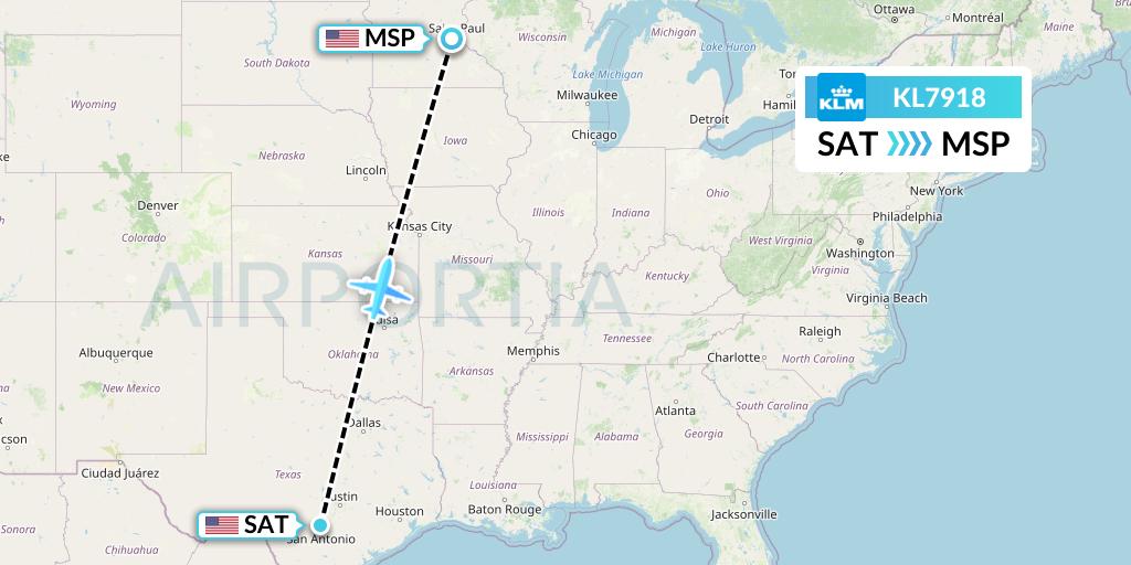 KL7918 KLM Flight Map: San Antonio to Minneapolis