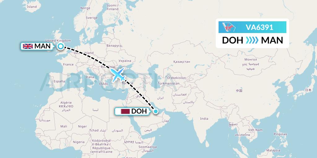 VA6391 Virgin Australia Flight Map: Doha to Manchester