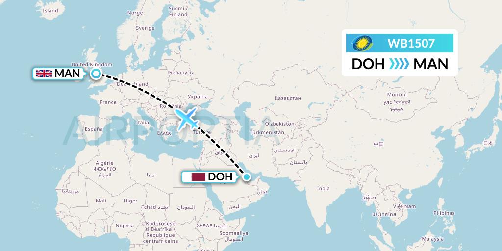 WB1507 RwandAir Flight Map: Doha to Manchester