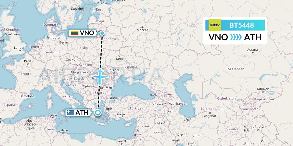 BT5448 Air Baltic Flight Map: Vilnius to Athens