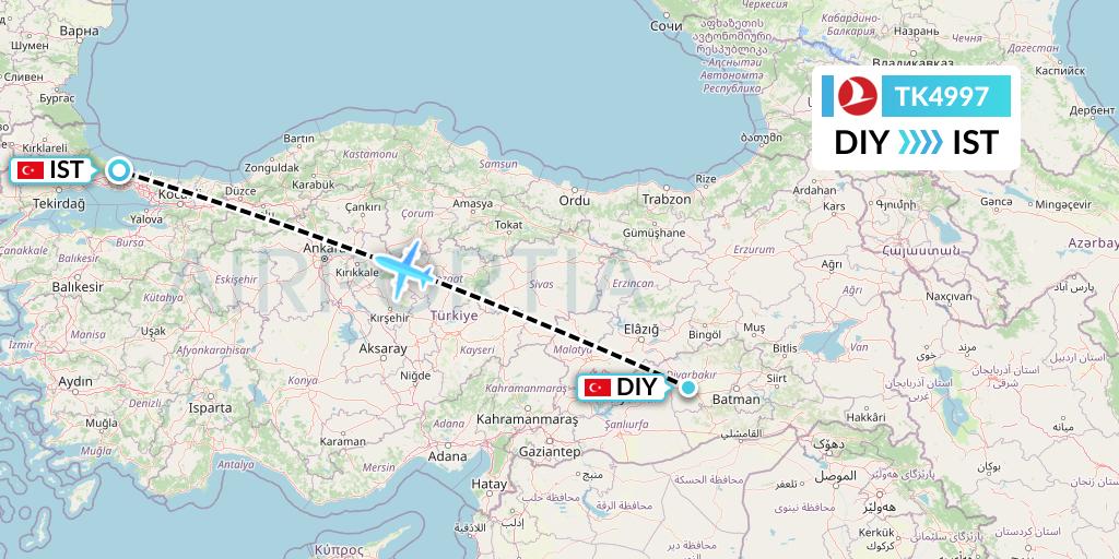 TK4997 Turkish Airlines Flight Map: Diyarbakir to Istanbul
