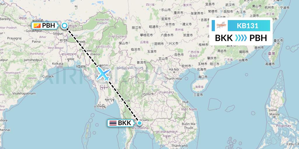 KB131 Druk Air Flight Map: Bangkok to Paro