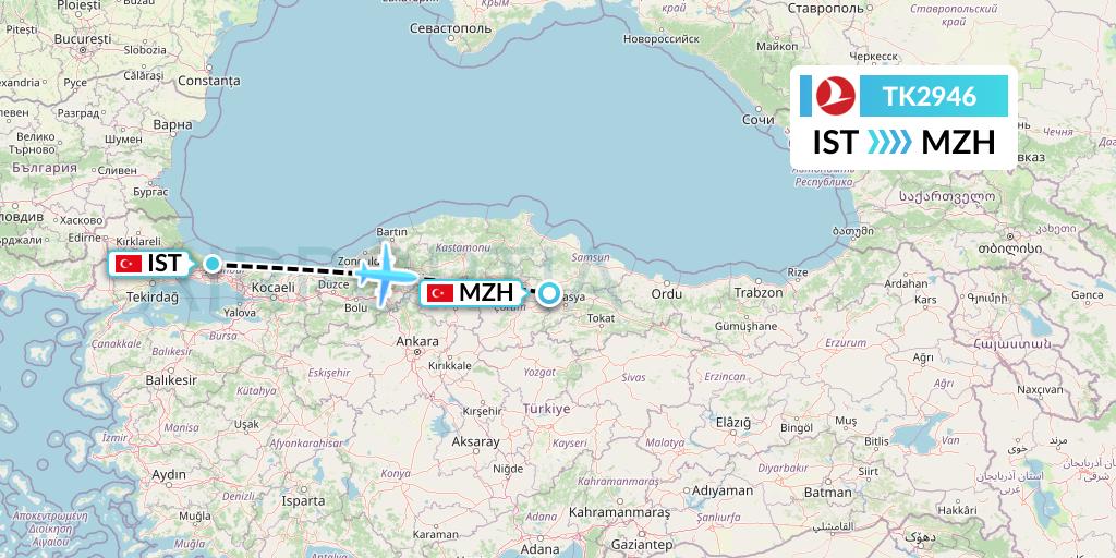 TK2946 Turkish Airlines Flight Map: Istanbul to Merzifon