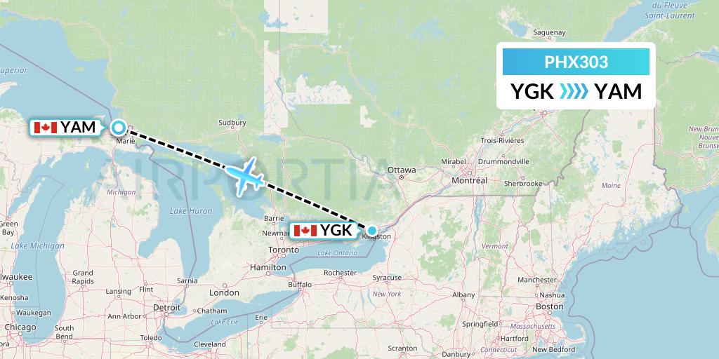 PHX303 SkyCare Flight Map: Kingston to Sault Ste. Marie
