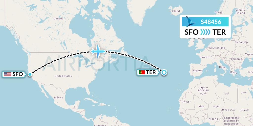 S48456 Azores Airlines Flight Map: San Francisco to Lajes