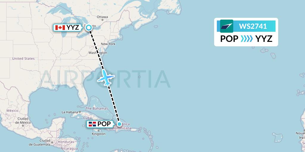 WS2741 WestJet Flight Map: Puerto Plata to Toronto