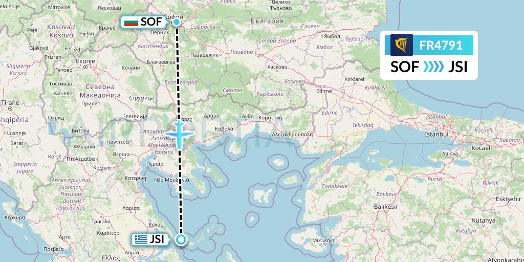 FR4791 Ryanair Flight Map: Sofia to Skiathos