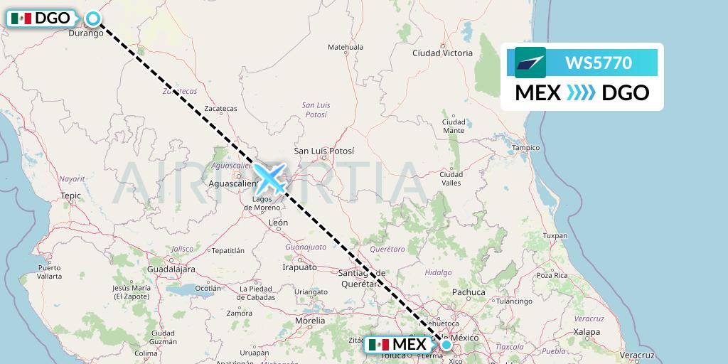 WS5770 WestJet Flight Map: Mexico City to Durango