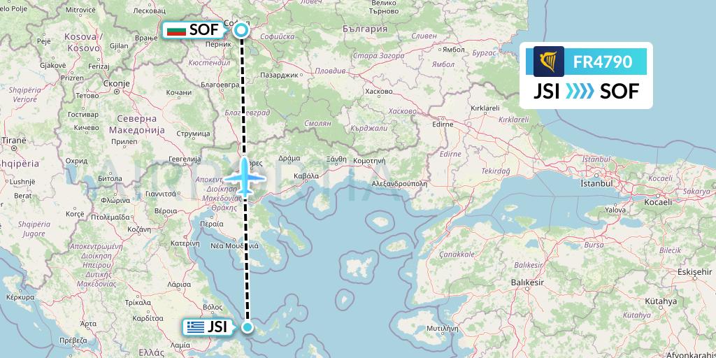 FR4790 Ryanair Flight Map: Skiathos to Sofia