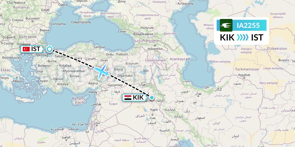 IA2255 Iraqi Airways Flight Map: Kirkuk to Istanbul