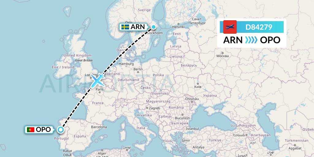 D84279 Norwegian Air International Flight Map: Stockholm to Porto