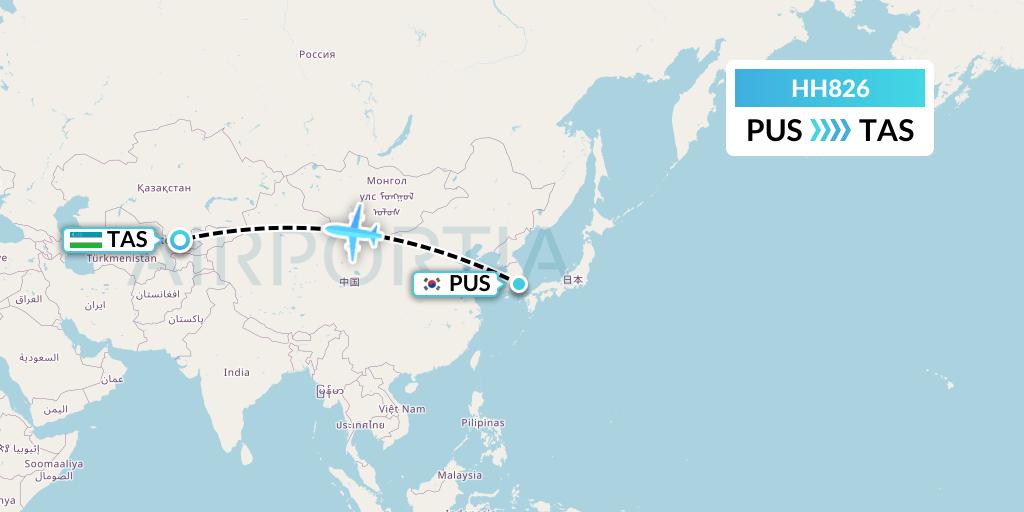 HH826 Qanot Sharq Flight Map: Busan to Tashkent