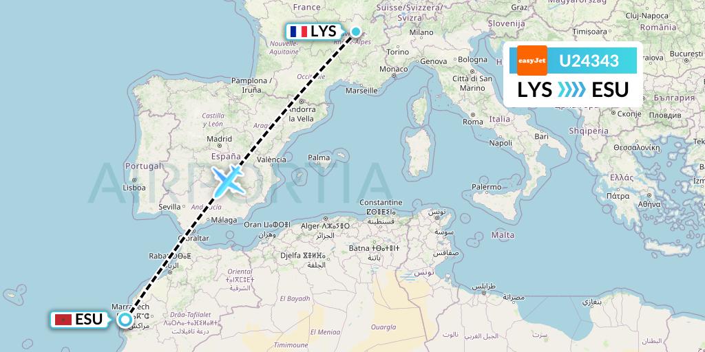 U24343 EasyJet Flight Map: Lyon to Essaouira