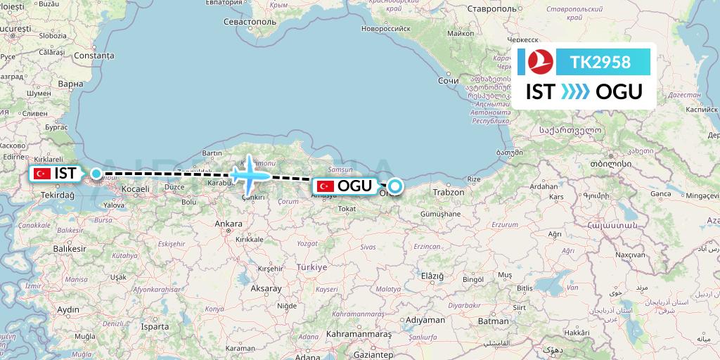 TK2958 Turkish Airlines Flight Map: Istanbul to Ordu